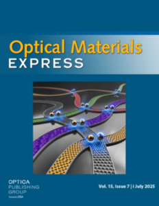 Cover of "Optical Materials Express" featuring colorful, intertwined patterns and scientific elements in a sleek design.
