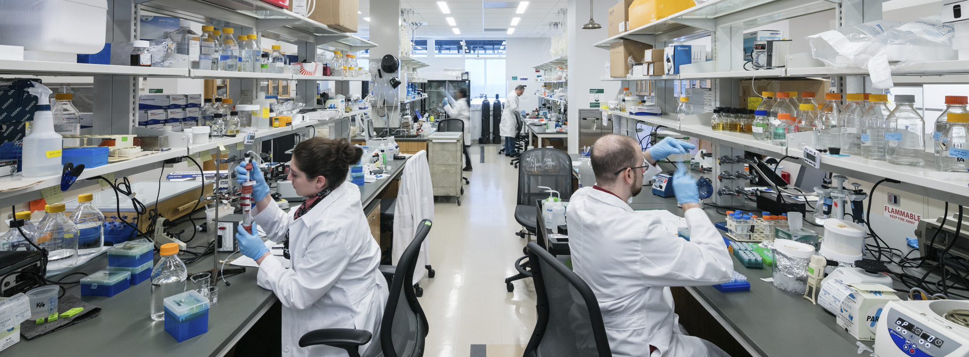 researchers in lab coats and gloves working in a lab