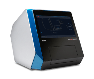 A compact medical device featuring a touchscreen interface and a sleek design with a blue and black color scheme.