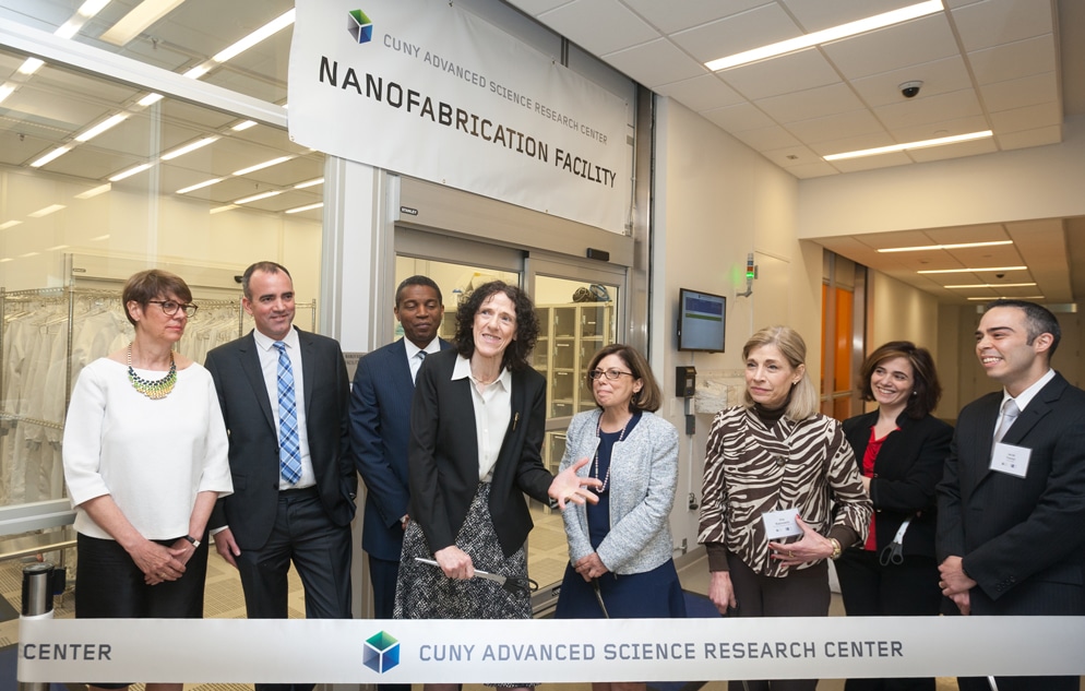 From left, CUNY Trustee and Chief Executive Officer and Director of Scientific Affairs at The Cancer Research Institute, Jill O’Donnell-Tormey, ASRC Nanoscience Initiative Director Rein V. Ulijn, Gerrard Bushell, President and CEO of the Dormitory Authority of the State of New York, Vice Chancellor for Research Gillian M. Small, Lisa Coico, President of The City College of New York, Executive Vice Chancellor and University Provost Vita Rabinowitz, Columbia University Professor Michal Lipson, and ASRC NanoFab Facility Director Jacob Trevino.