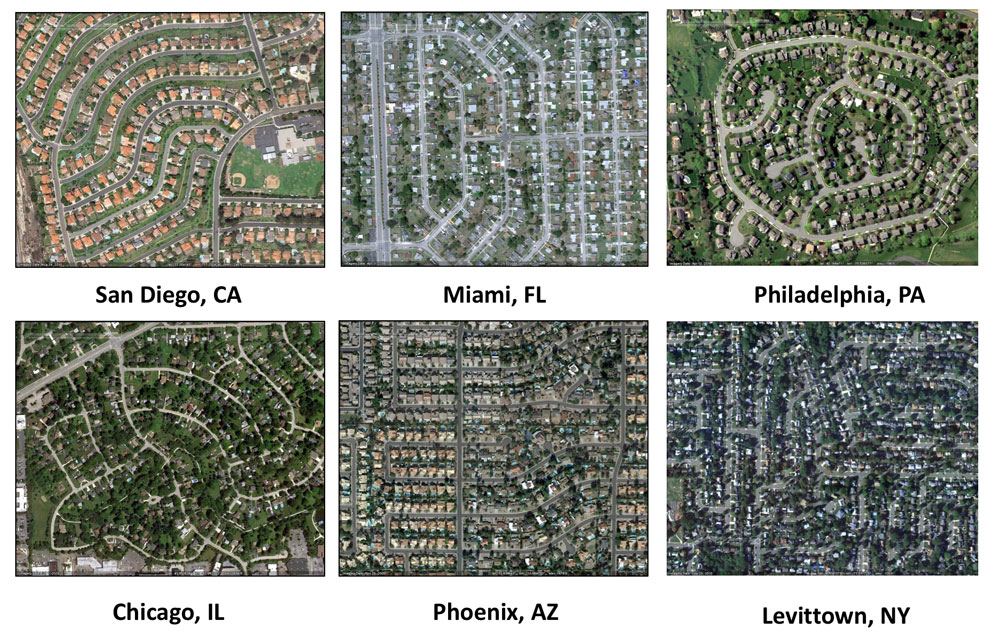 Aerial views of U.S. suburban neighborhoods suggest many potential environmental similarities despite local differences in climate and other conditions. Credit: N. Giner.