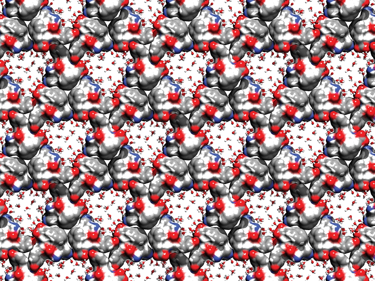 digital rendering of tripeptide crystals in black, grey, white and red