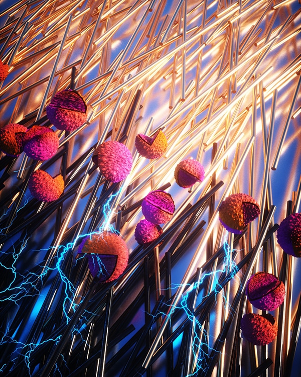 brightly colored CG illustration of nanoscale fibers and particles