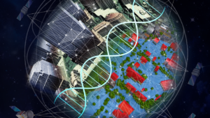 A digital globe featuring buildings, trees, and red structures, overlaid with a DNA helix and network connections.