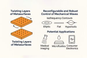 Diagram illustrating twisting layers of metasurfaces, mechanical wave control, and potential applications like medical imaging.