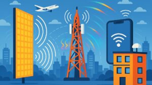 A digital illustration of a cell tower, skyscraper, smartphone, and airplane against a blue sky with a city skyline.