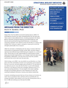 Newsletter titled 'Spring 2026' featuring a colorful molecular structure and a group photo of faculty members.
