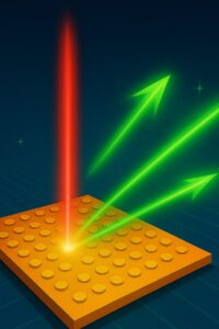 A brightly colored orange surface with a red laser beam and two green arrows projecting upwards from it.