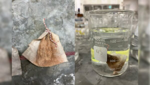 A tea bag with a red and white string next to a beaker of water containing a brown substance labeled "45."