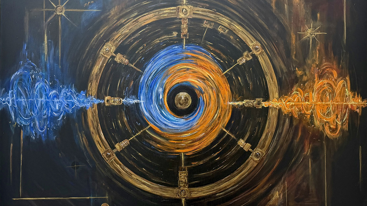 Abstract painting featuring swirling blue and orange patterns surrounding a central orb, with circular geometric designs and star-like elements.
