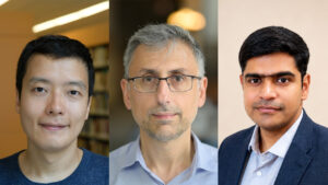 Professors J. Wren Kim, Dimitrios Sounas, and Prasad Iyer featured side by side; with varying expressions and backgrounds.