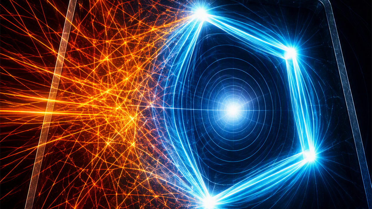 Artistic rendering of a hyperbolic wave attractor forming in an odd-shaped cavity inside a hyperbolic material.