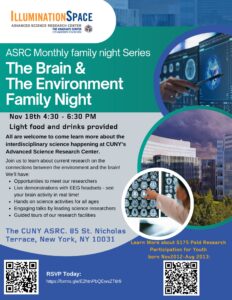 Event flyer for ASRC family night on brain and environment, featuring details and QR codes for RSVP and research participation.