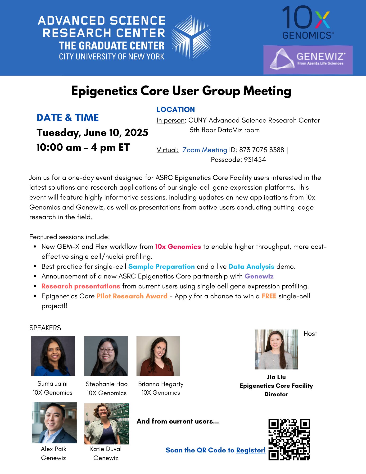 A flyer advertising the Epigenetics Core User Group meeting, occurring on June 10 at the CUNY ASRC. See detailed information below.
