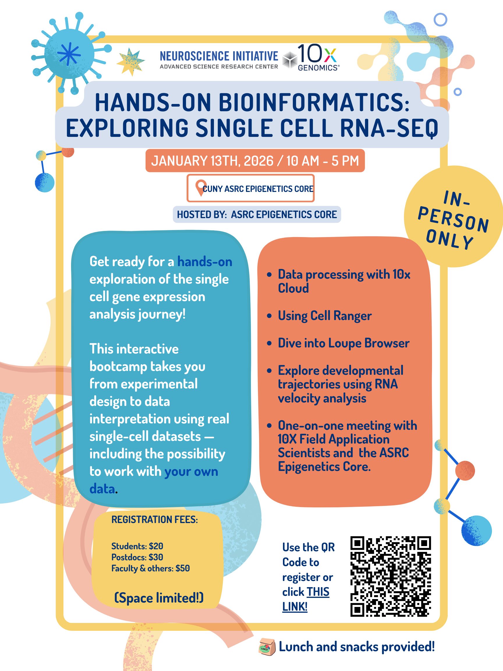 Event flyer for a hands-on RNA sequencing workshop on January 13, 2026, hosted by ASRC Epigenetics Core.