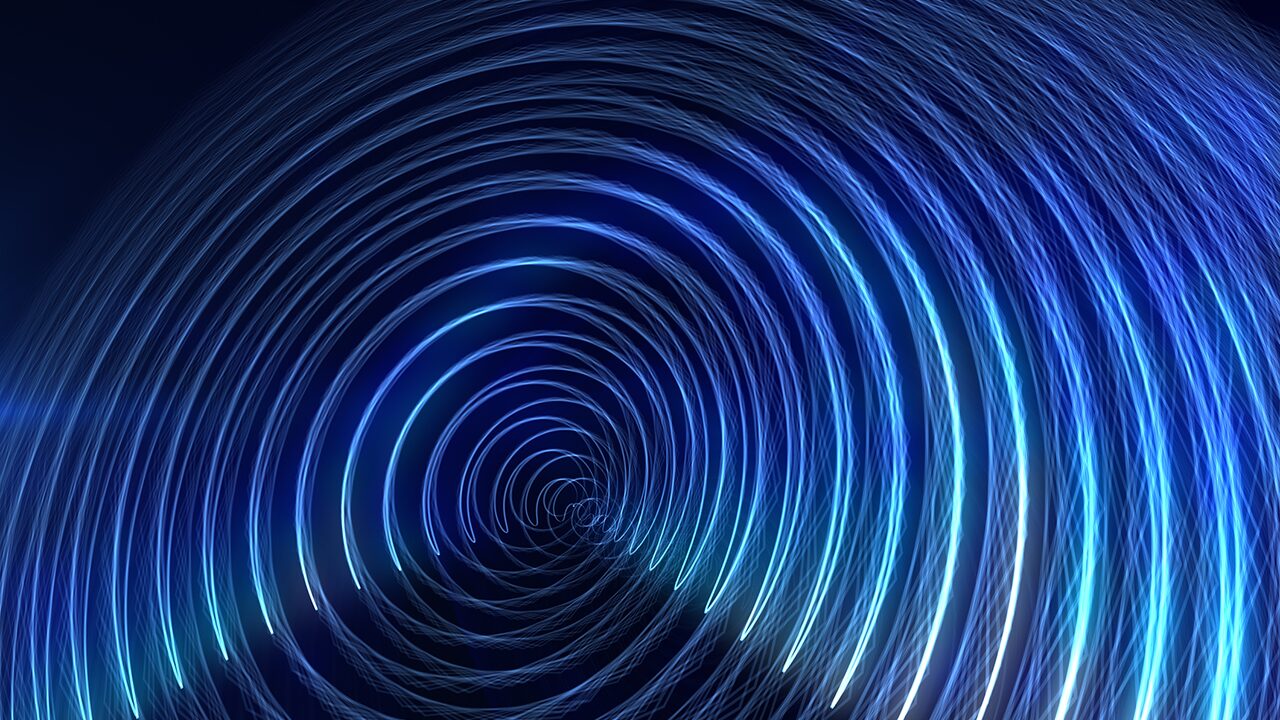 Concentric circular lines in blue and white tones create a swirling tunnel effect against a dark background.