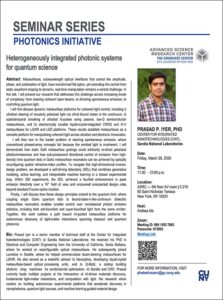 Seminar flyer featuring Prasad P. Iyer, details on photonic systems, date, location, and contact information included.