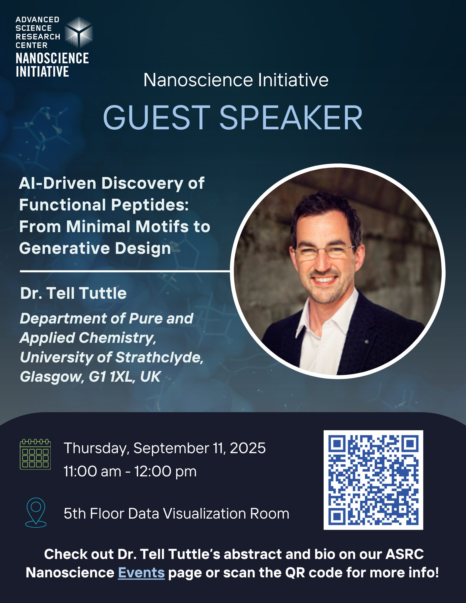 Event flyer for Dr. Tell Tuttle's talk on AI-driven peptide discovery at the ASRC, September 11, 2025, 11am-12pm.