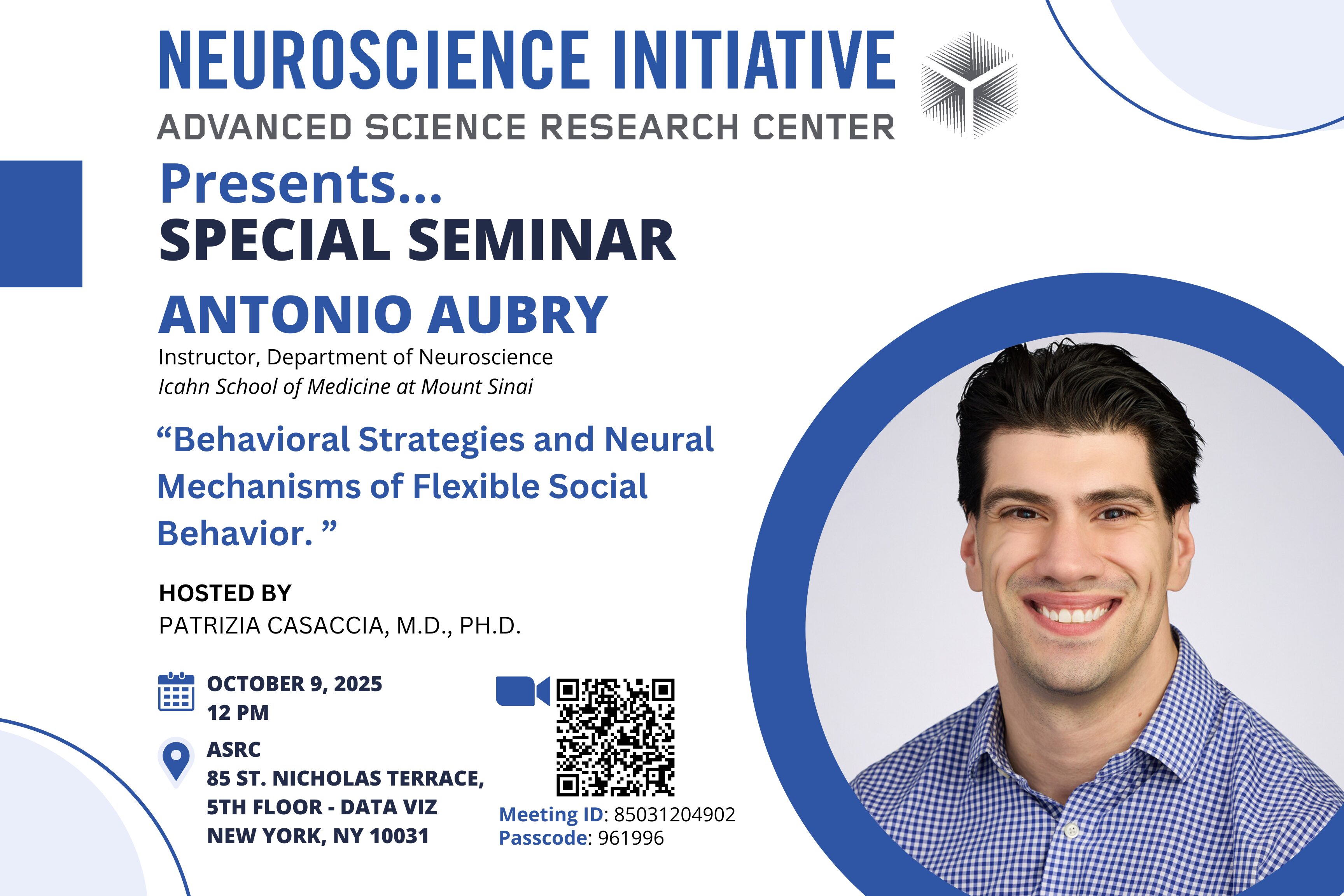 Seminar poster featuring Antonio Aubry, his photo, seminar details, and a QR code for access information.