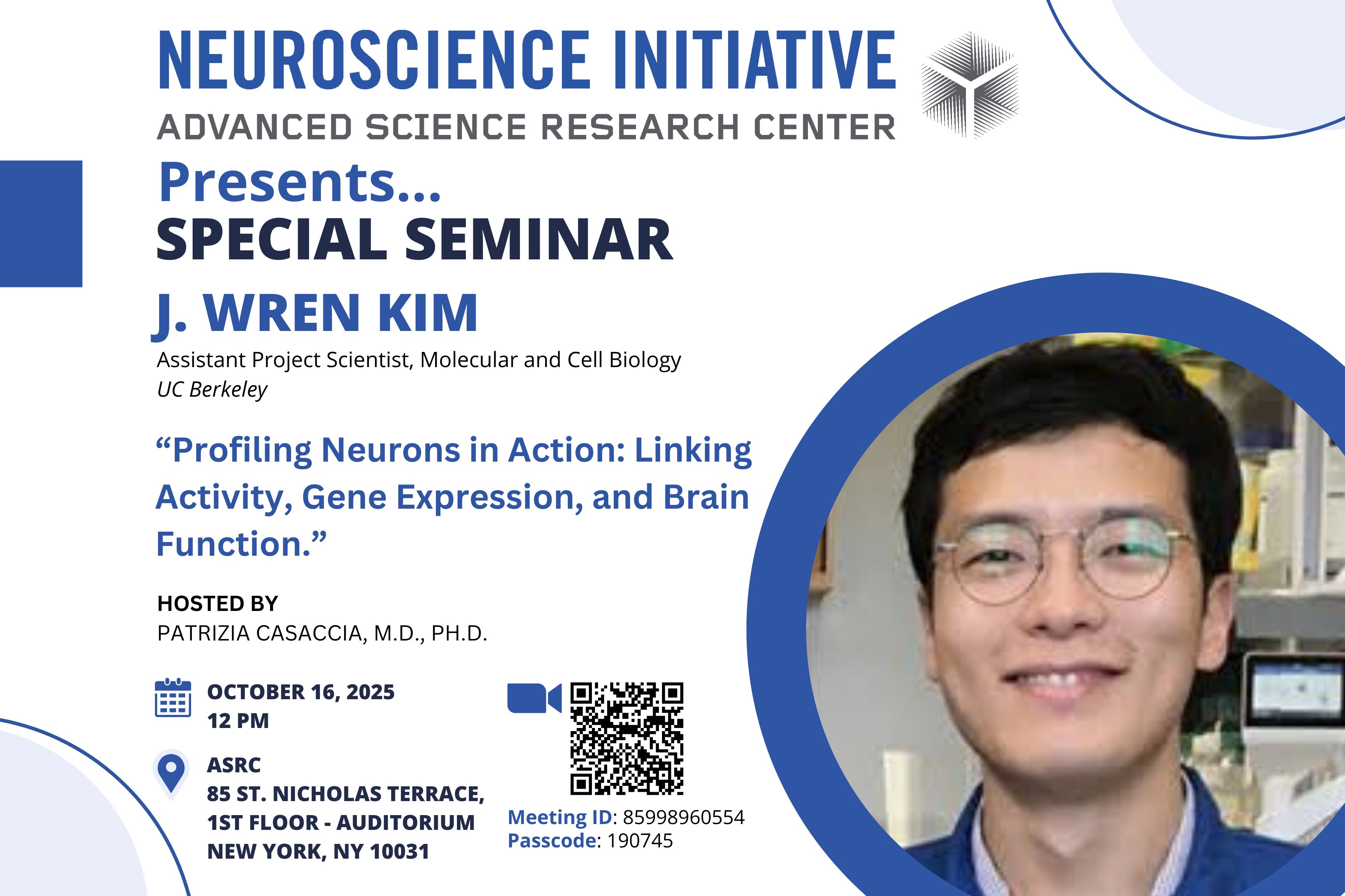 A seminar flyer featuring details about J. Wren Kim's talk on profiling neurons, dated October 16, 2025.
