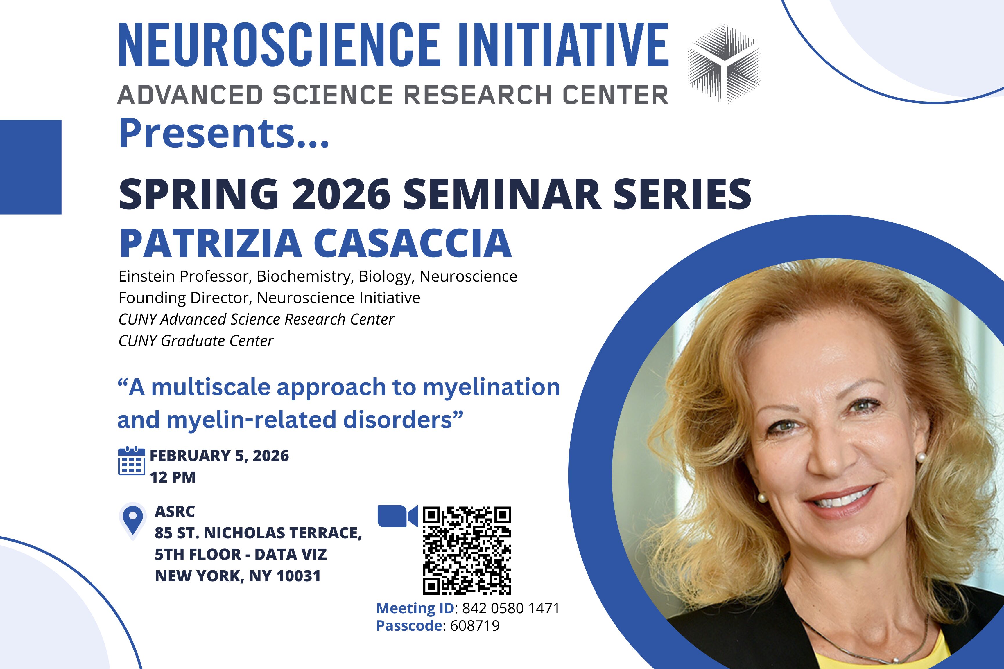 Event flyer for neuroscience seminar featuring Patrizia Casaccia, detailing date, time, and location with a QR code.