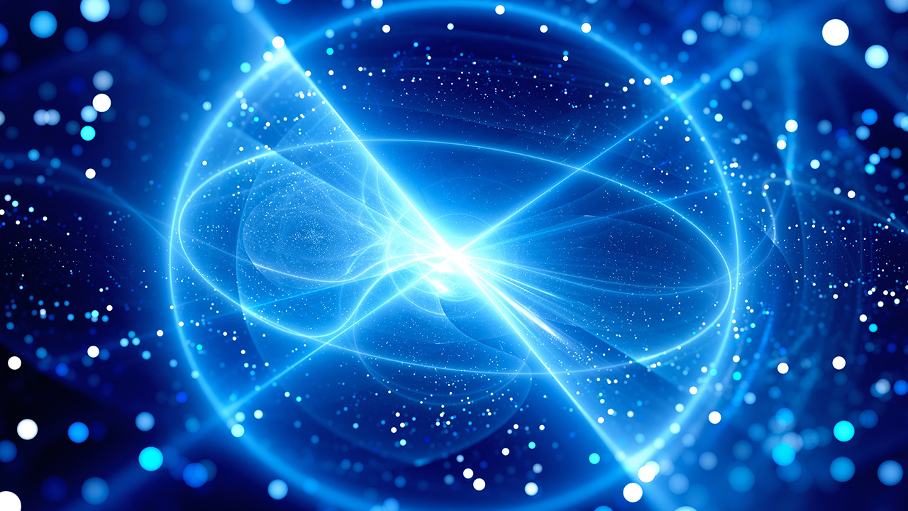 Bright blue glowing energy sphere with swirling light trails and scattered particles on a dark background.