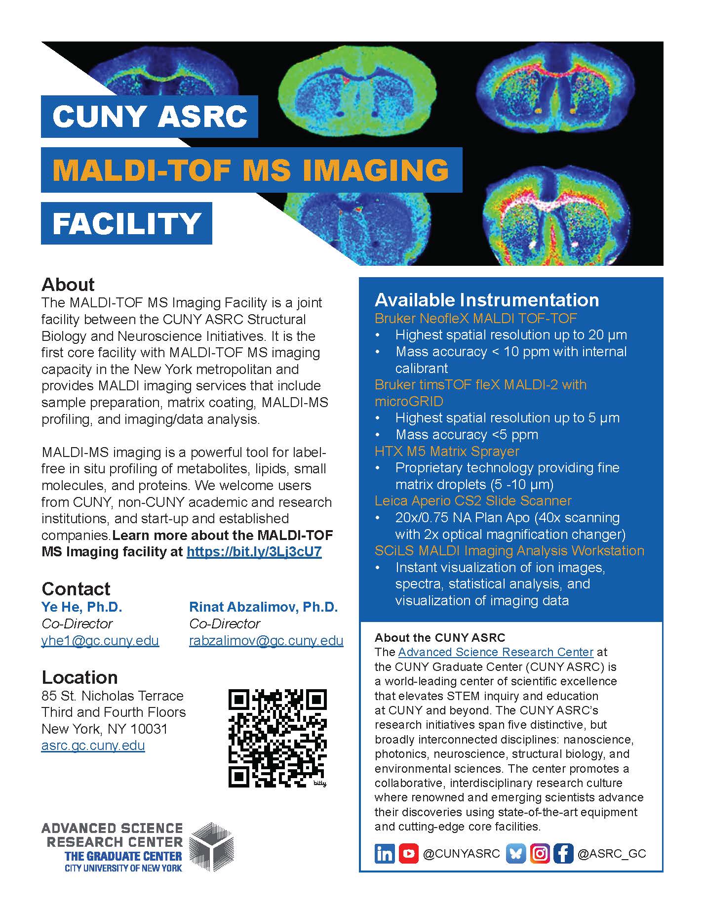A promotional flyer for the CUNY ASRC MALDI-TOF MS Imaging Facility, outlining services, instruments, and contact information.