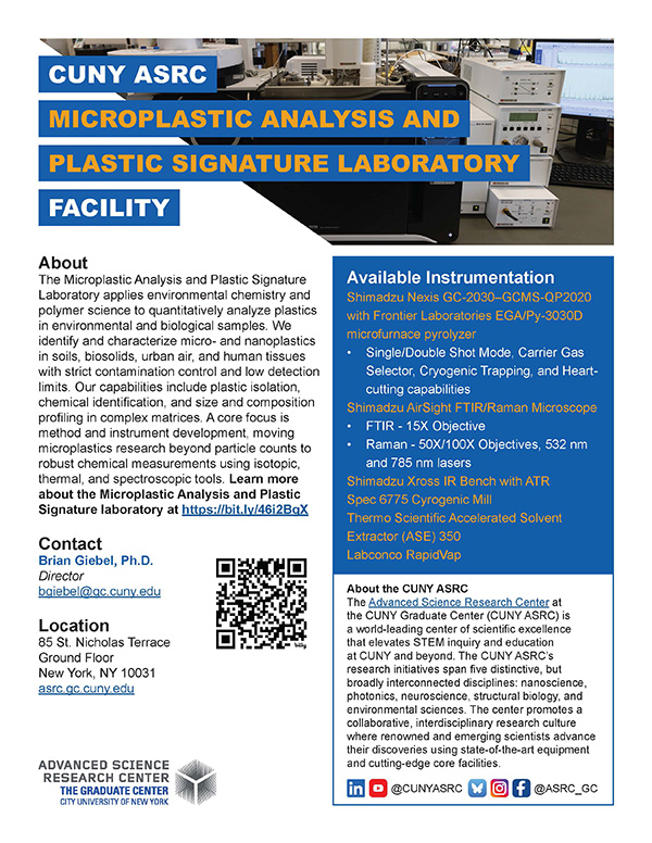 Brochure for CUNY ASRC's Microplastic Analysis and Plastic Signature Laboratory, detailing available instrumentation and services.