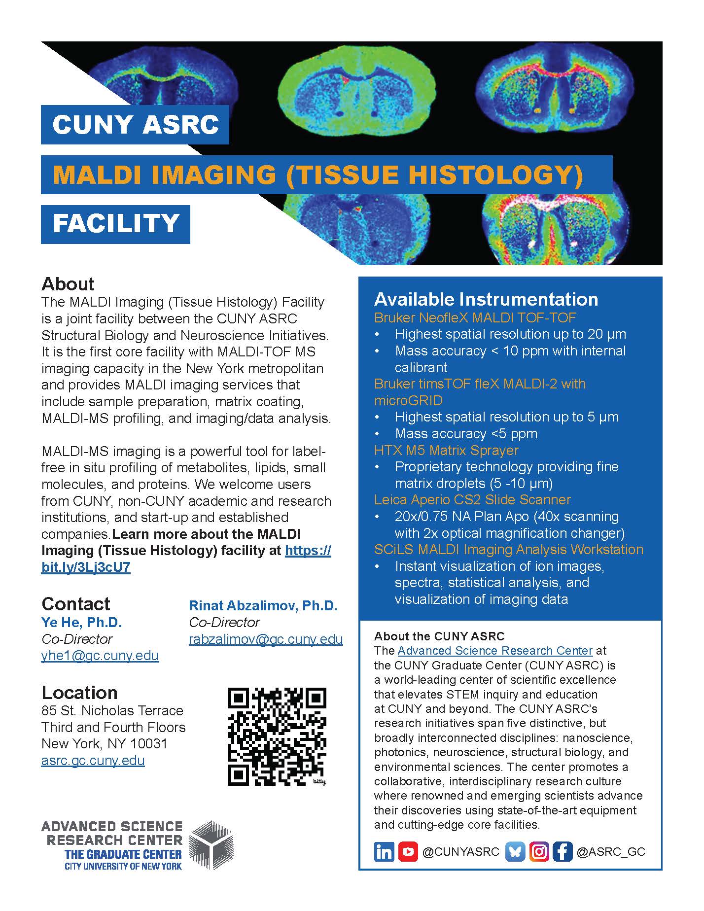 CUNY ASRC Maldi Imaging facility overview, detailing services, equipment, and contact information for tissue histology services.