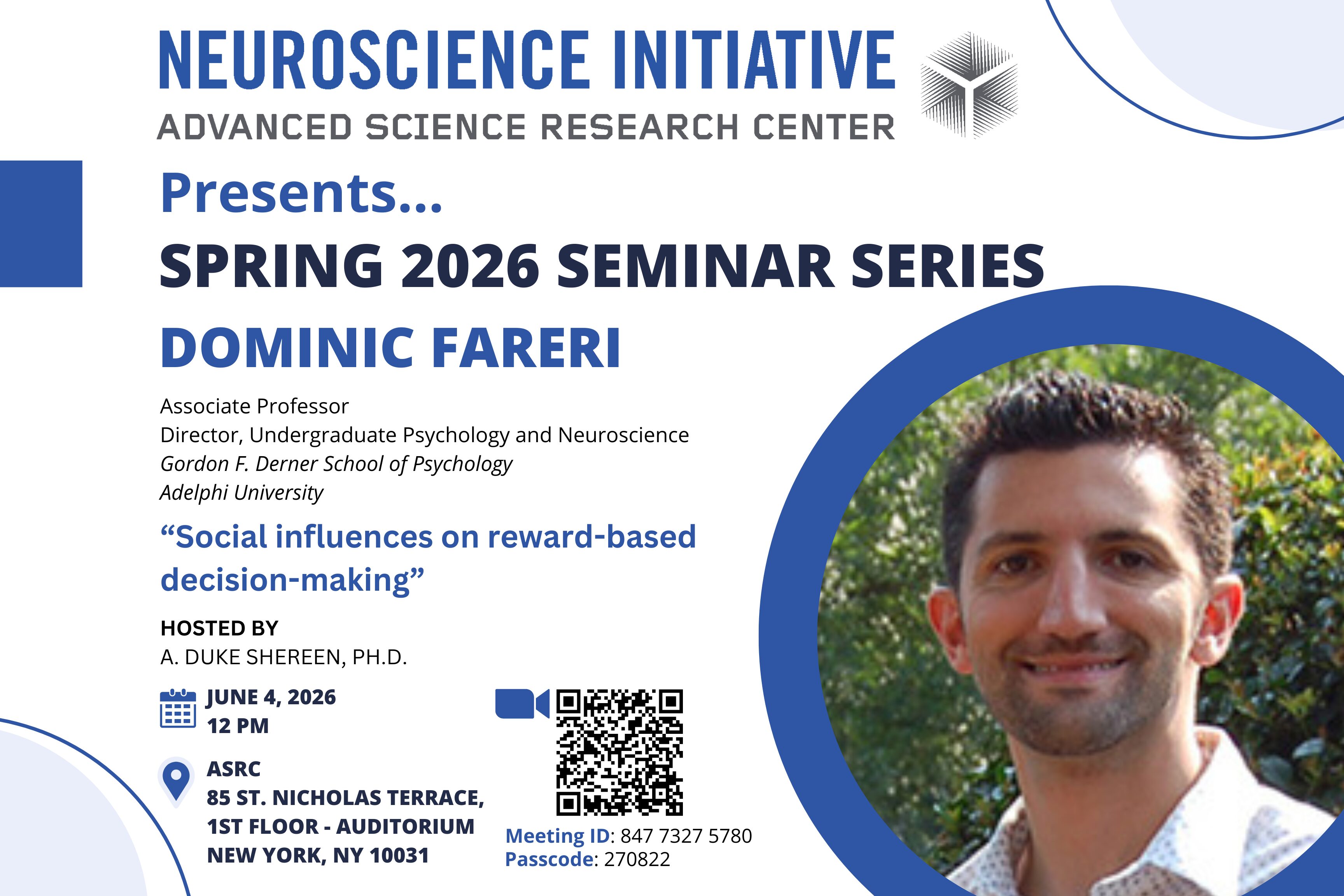 Promotional flyer for a seminar featuring Dominic Fareri on social influences in decision-making, held on June 4, 2026.