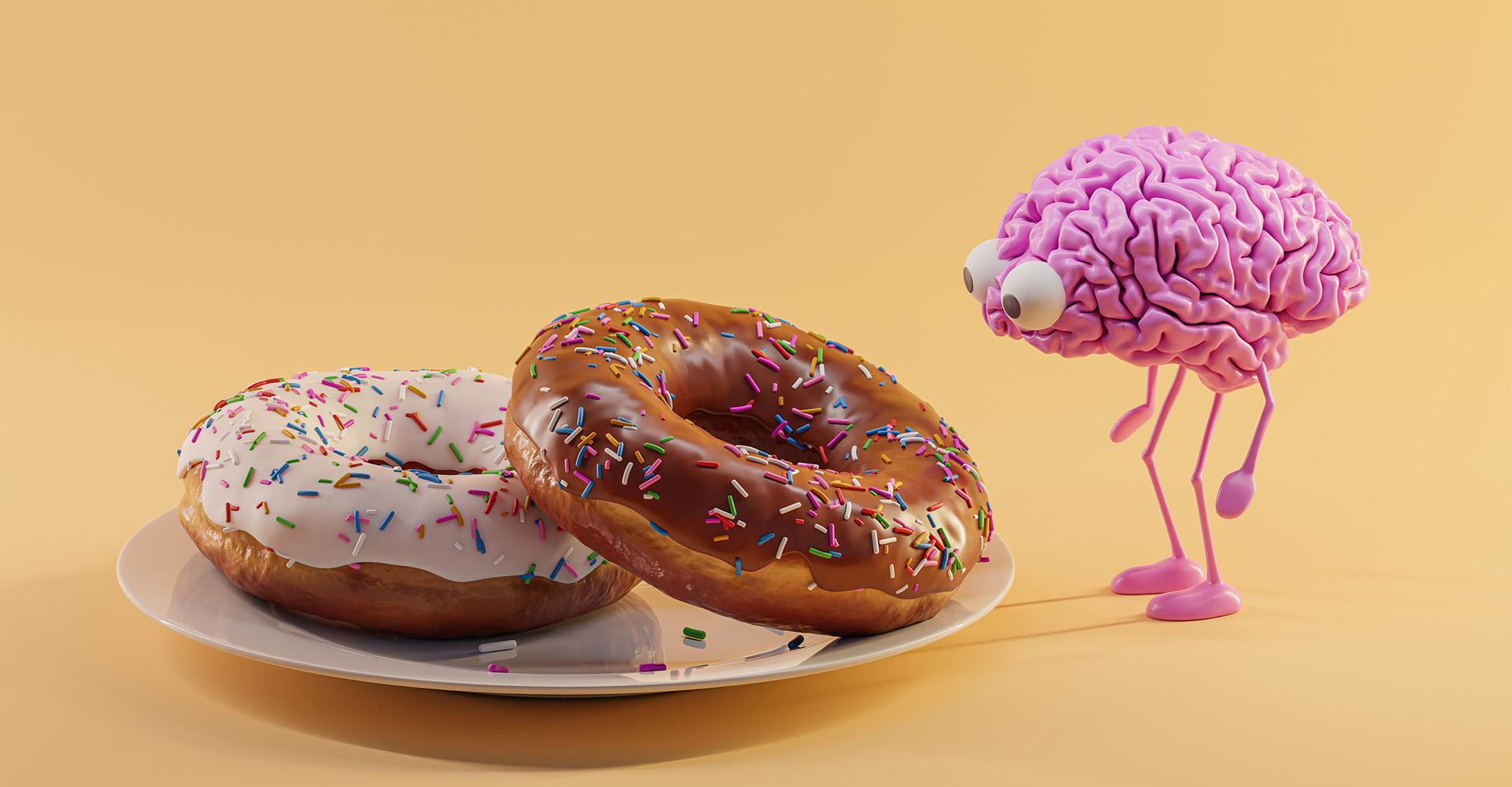 Depiction of two donuts on a plate with a cartoon-ish brain with eyes staring at them