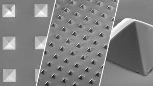 Three views of polymer pen arrays used to study mechanochemical reactions.